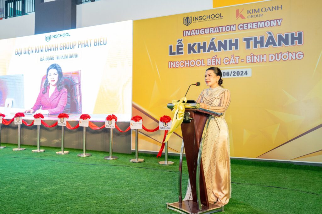 Bà Đặng Thị Kim Oanh - Chủ tịch HĐQT, Tổng Giám đốc Kim Oanh Group - phát biểu tại lễ khánh thành trường INschool Bến Cát