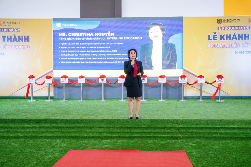 Bà Christina Nguyễn - Tổng giám đốc Interlink Education - bày tỏ sự vui mừng và gửi lời cảm ơn lãnh đạo Kim Oanh Group tại lễ khánh thành trường INschool Bến Cát